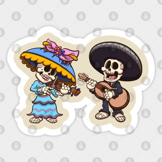 Mexican Mariachi And Catrina Skeleton Playing Music Sticker by TheMaskedTooner